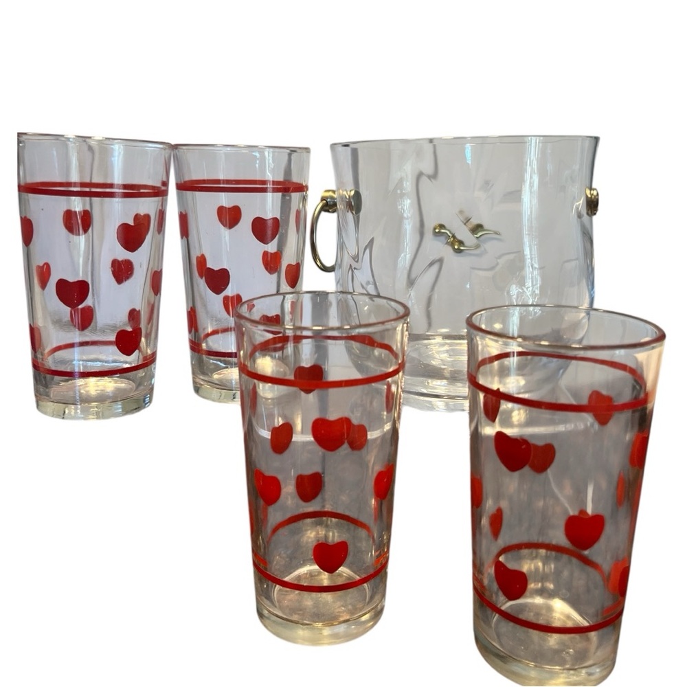 Crystal Ice Bucket with 4 Retro MCM Heart tumblers-highball glasses